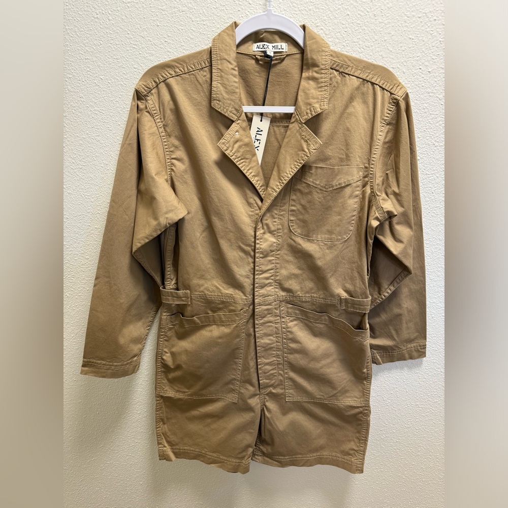 ALEX MILL Utility 5-Pocket Romper Jumpsuit Stretch Cotton Shorts Khaki Small